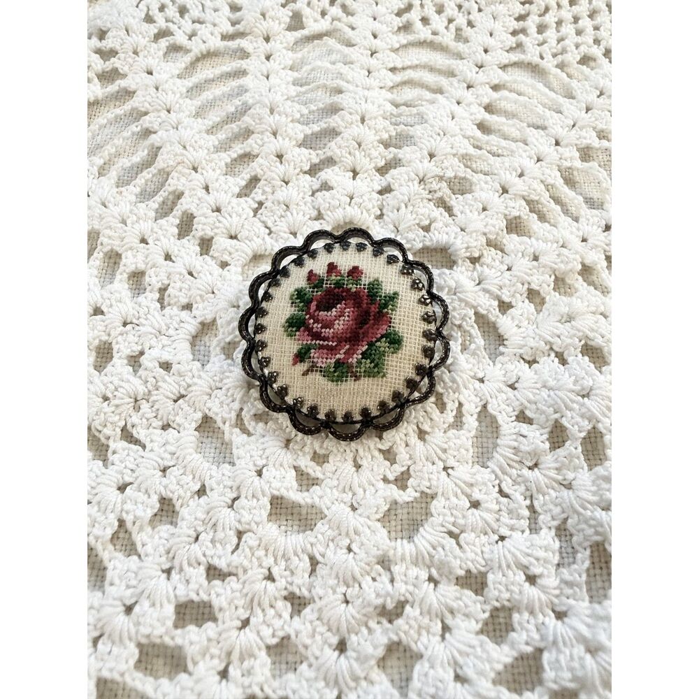 Vintage 1950s Hand Stitched Petit Point Red Rose Brooch Brass Scalloped Frame